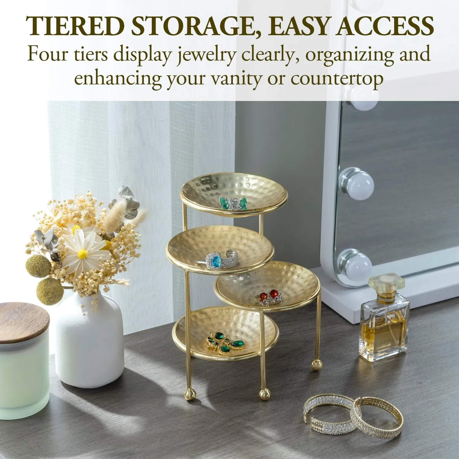 MyGift 4 Tier Jewelry Dish Organizer - Hammered Brass Plated Metal Ring Tray, Decorative Earring, Necklace, Bracelet Storage Display Tower - Handcrafted in India