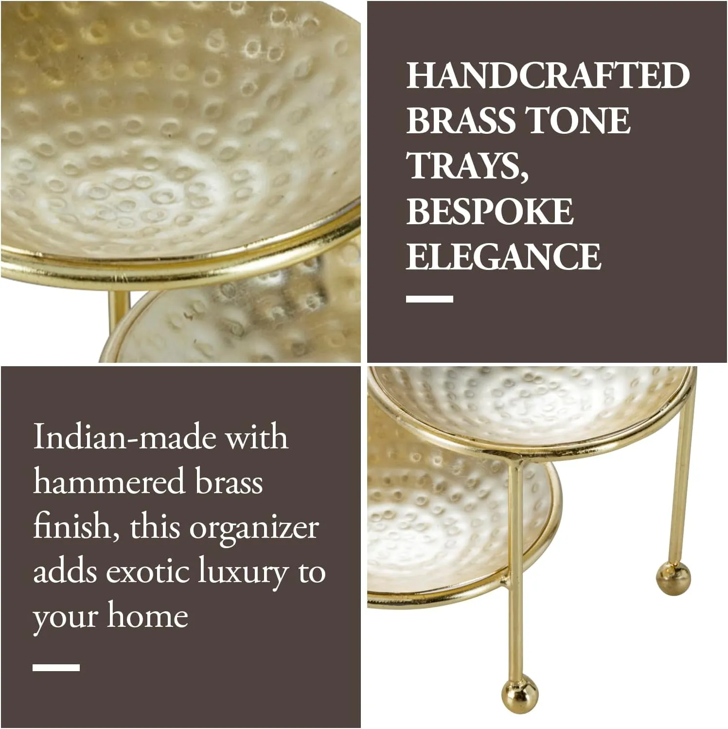 MyGift 4 Tier Jewelry Dish Organizer - Hammered Brass Plated Metal Ring Tray, Decorative Earring, Necklace, Bracelet Storage Display Tower - Handcrafted in India