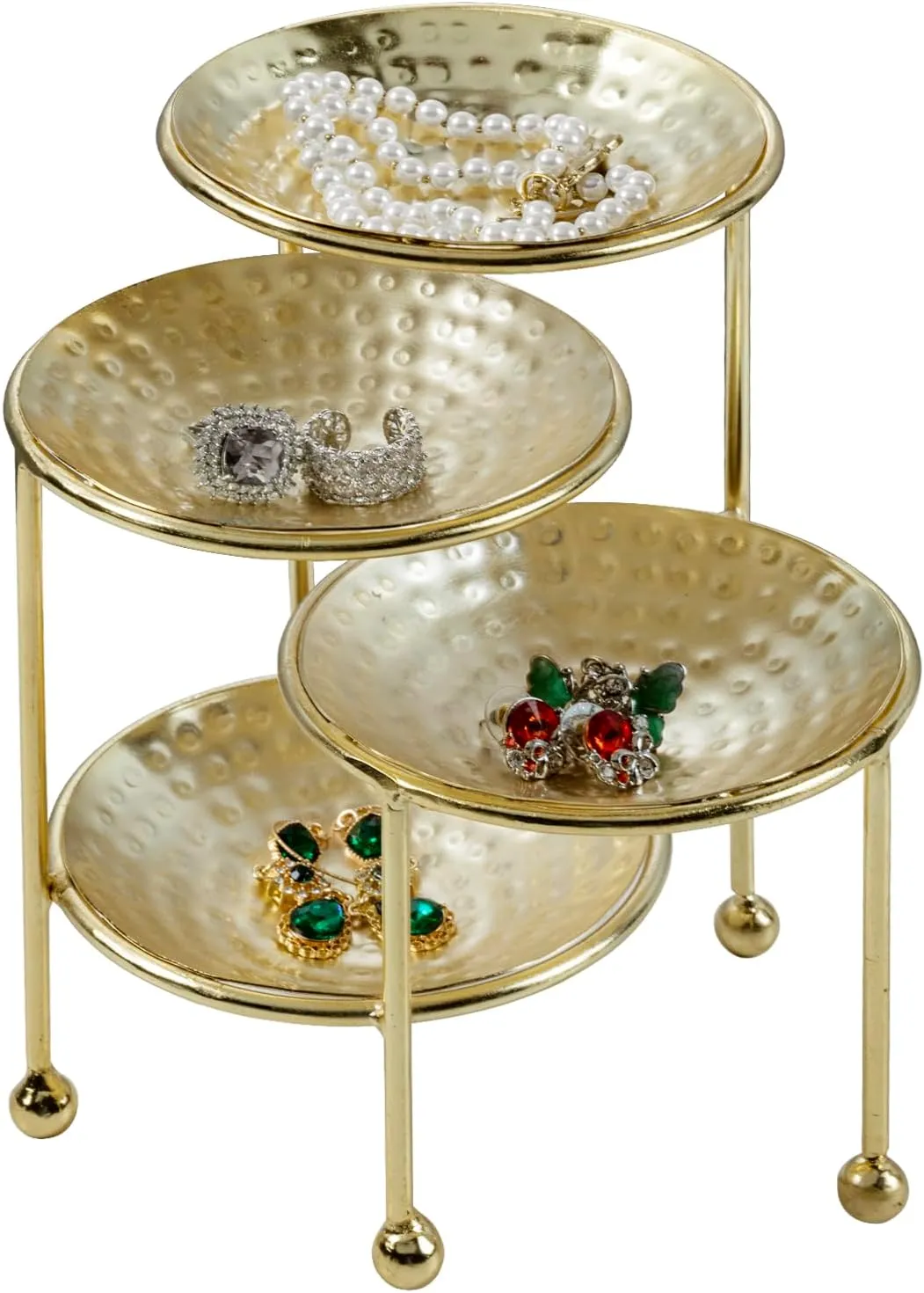 MyGift 4 Tier Jewelry Dish Organizer - Hammered Brass Plated Metal Ring Tray, Decorative Earring, Necklace, Bracelet Storage Display Tower - Handcrafted in India