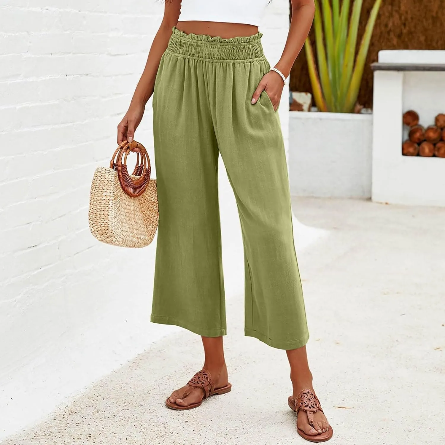 Mzkdieey Women's Linen Wide Leg Capri Pants Pull On Elastic Smock Waist Palazzo Trousers Loose Flowy Capris with Pockets