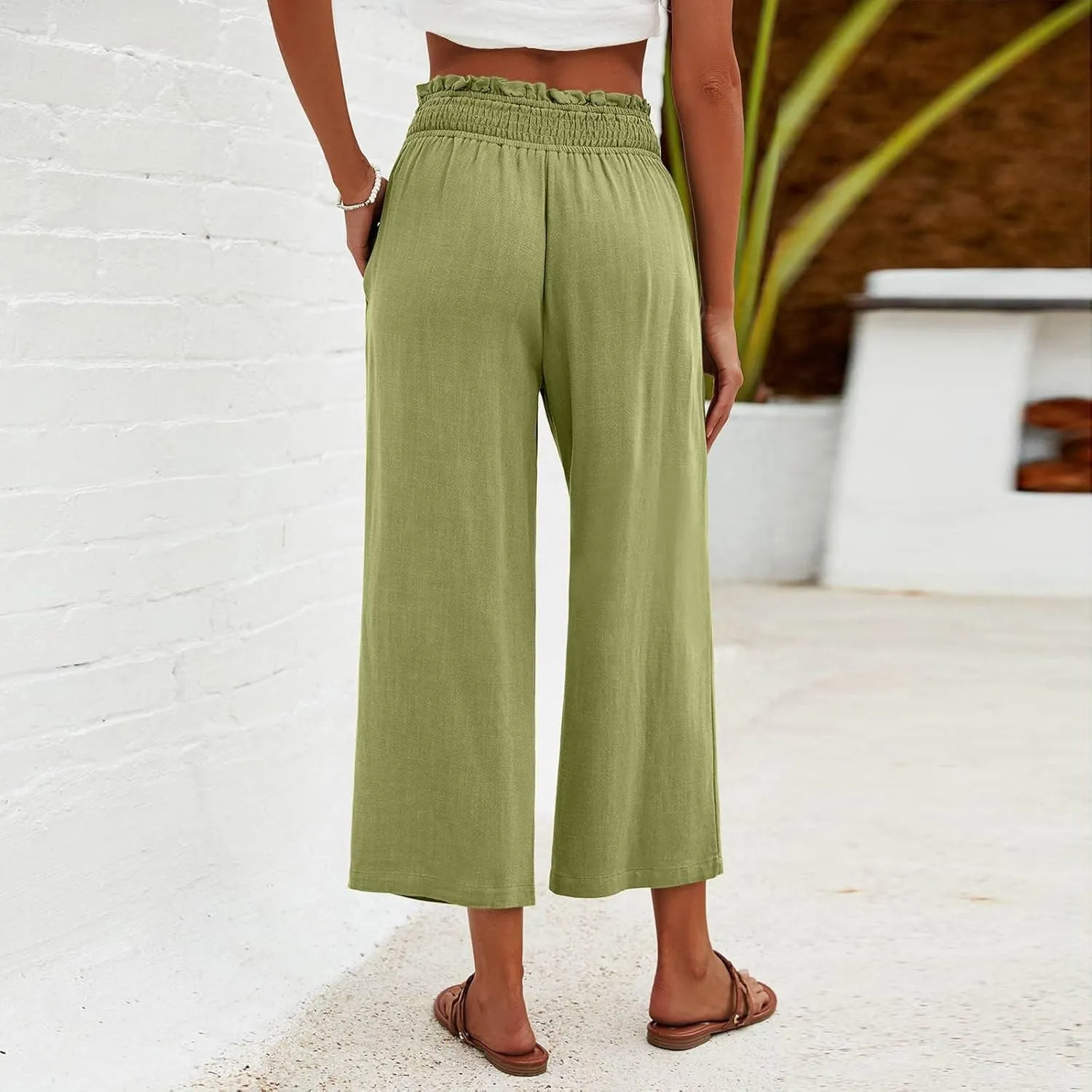 Mzkdieey Women's Linen Wide Leg Capri Pants Pull On Elastic Smock Waist Palazzo Trousers Loose Flowy Capris with Pockets