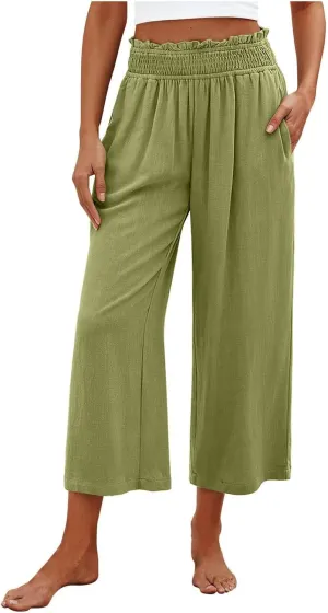 Mzkdieey Women's Linen Wide Leg Capri Pants Pull On Elastic Smock Waist Palazzo Trousers Loose Flowy Capris with Pockets