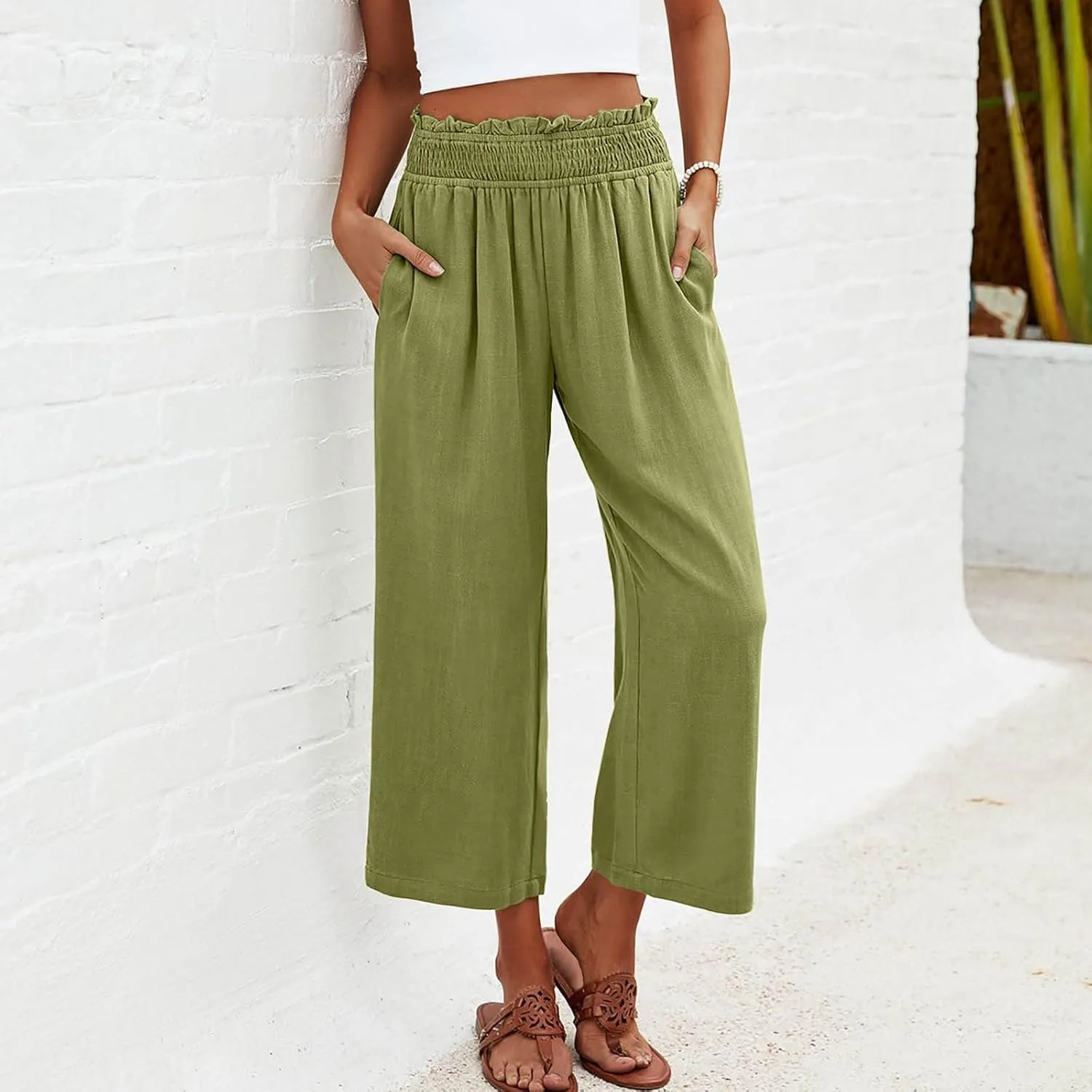 Mzkdieey Women's Linen Wide Leg Capri Pants Pull On Elastic Smock Waist Palazzo Trousers Loose Flowy Capris with Pockets