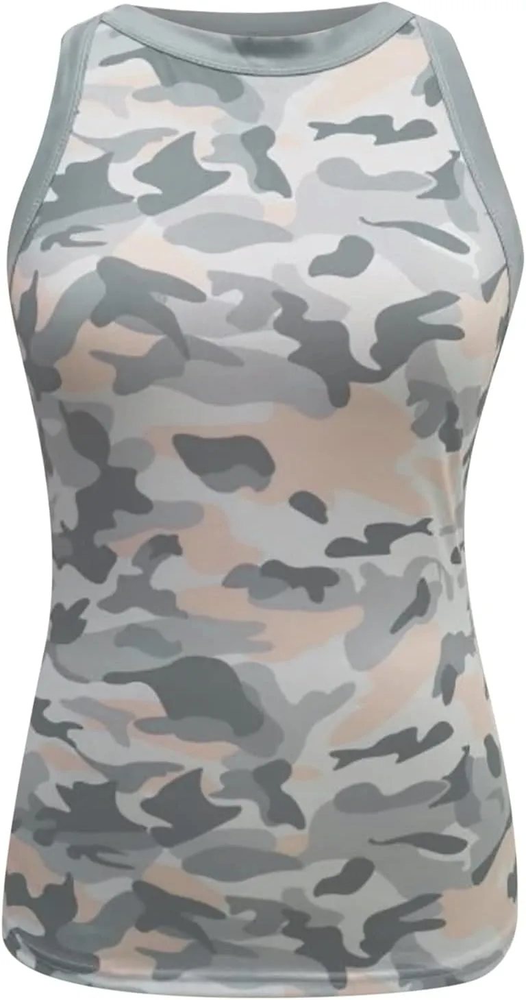 NaRHbrg Women's Sleeveless Camo Print Tank Top Summer Racerback Casual Basic Shirts Slim Fitted Sporty Workout Tees Blouses
