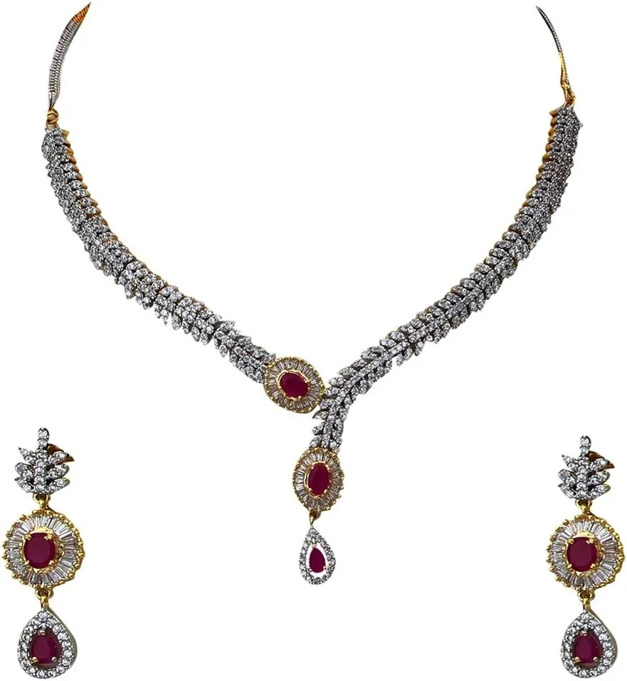 Necklace with Drop Earring for Women Girls Indian Traditional Chokar Jewellery Set Stone Necklaces Gold Plated Silver Plated Chain Haar Haram Multipurpose Jewellery