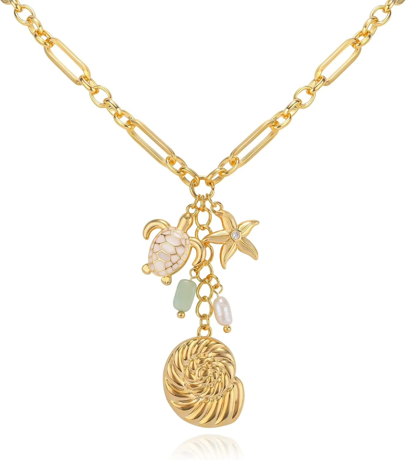 NEKOL Evil Eye Conch Peace Sign Butterfly Charm Necklace for Women, 14K Gold Plated Choker Charm Necklace, Paperclip Cubic Zircon Trendy Necklace Jewelry Gift for Christmas Day