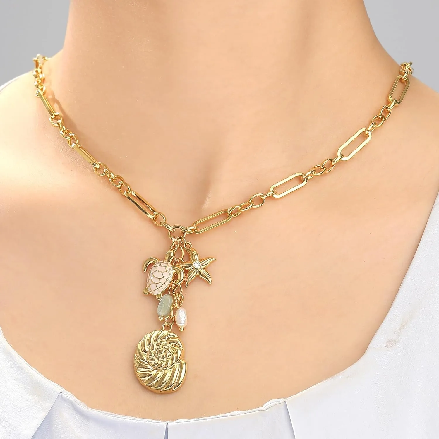NEKOL Evil Eye Conch Peace Sign Butterfly Charm Necklace for Women, 14K Gold Plated Choker Charm Necklace, Paperclip Cubic Zircon Trendy Necklace Jewelry Gift for Christmas Day