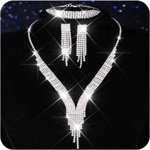 Nicute Crystal Bride Wedding Jewelry Set Tassel Necklace Bracelet Earrings Set Prom Costume Jewelry for Women