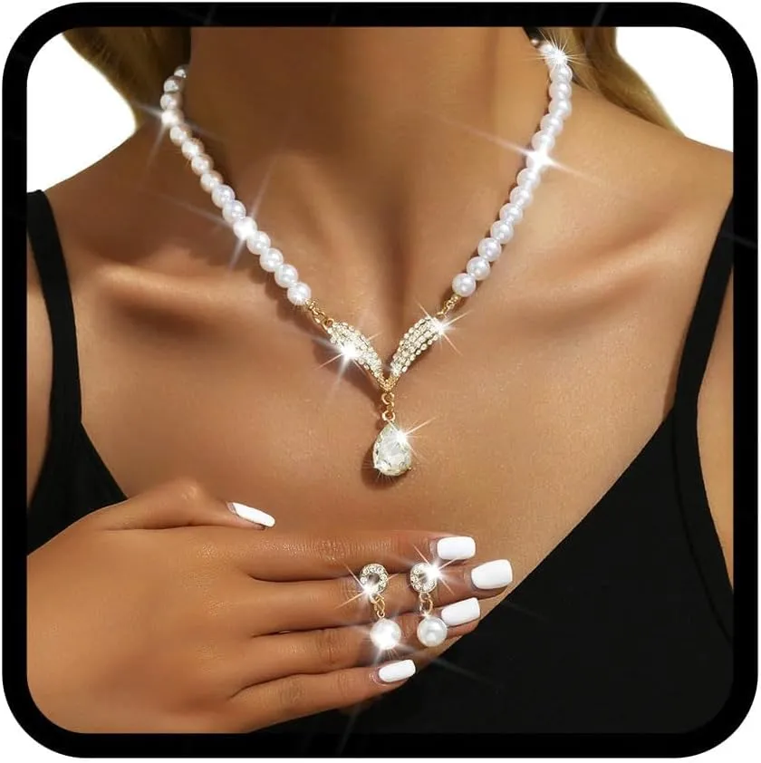 Nicute Pearl Necklace Set Jewelry Pendant Necklace Earrings Set Sparkly Prom Wedding Jewelry for Women (Gold)