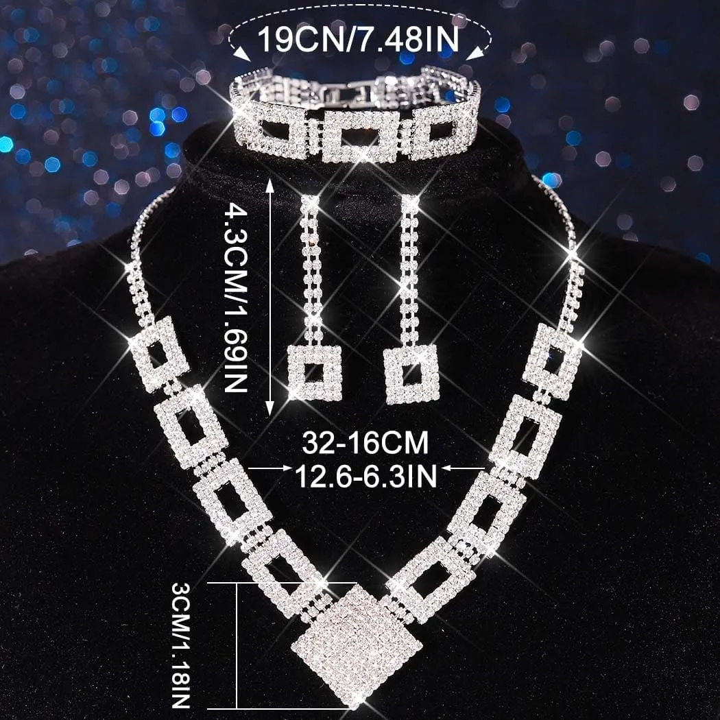 Nicute Rhinestone Bride Wedding Jewelry Set Bridal Necklace Bracelet Earrings Set Prom Costume Jewelry for Women