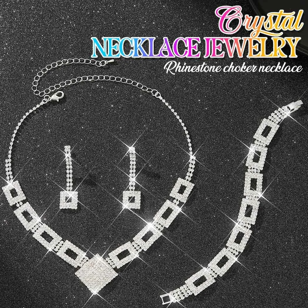 Nicute Rhinestone Bride Wedding Jewelry Set Bridal Necklace Bracelet Earrings Set Prom Costume Jewelry for Women