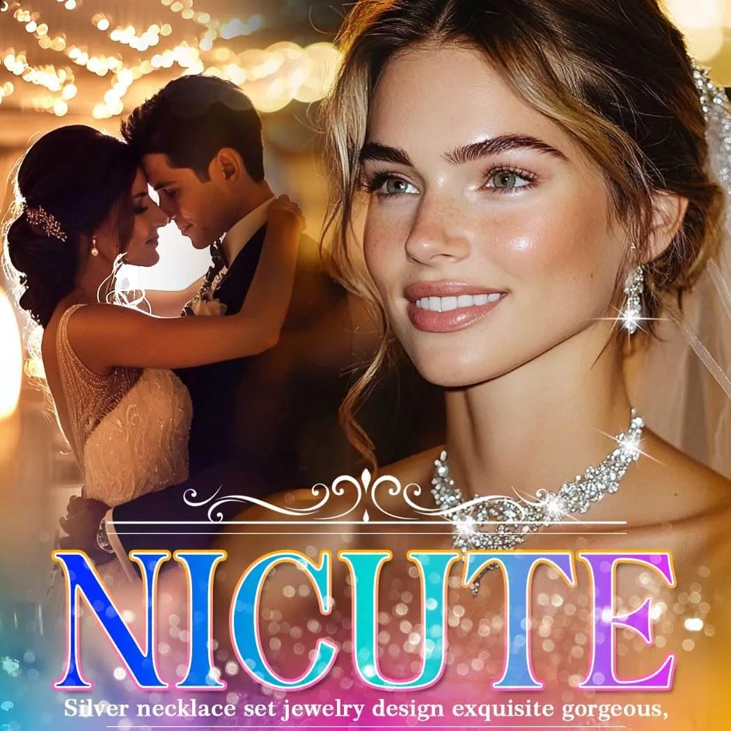 Nicute Rhinestone Bride Wedding Jewelry Set Bridal Necklace Bracelet Earrings Set Prom Costume Jewelry for Women