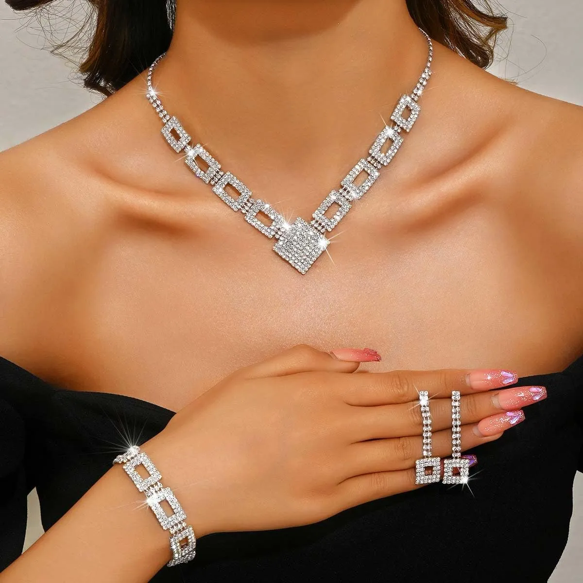 Nicute Rhinestone Bride Wedding Jewelry Set Bridal Necklace Bracelet Earrings Set Prom Costume Jewelry for Women