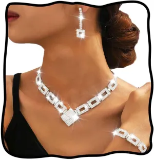 Nicute Rhinestone Bride Wedding Jewelry Set Bridal Necklace Bracelet Earrings Set Prom Costume Jewelry for Women