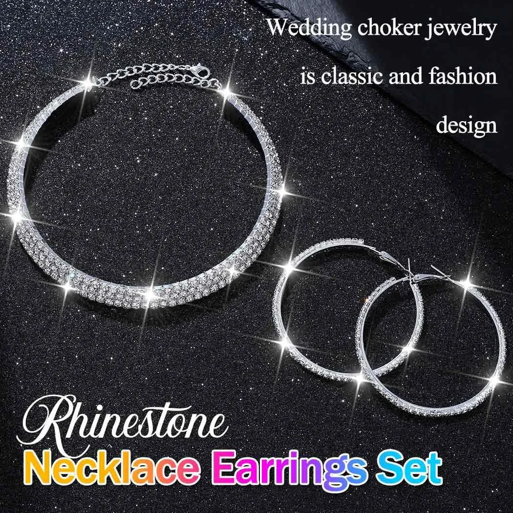 Nicute Rhinestone Necklace Jewelry Set Silver Necklace and Hoop Earrings Crystal Wedding Choker Jewelry for Women