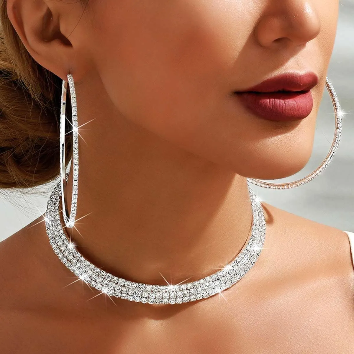 Nicute Rhinestone Necklace Jewelry Set Silver Necklace and Hoop Earrings Crystal Wedding Choker Jewelry for Women