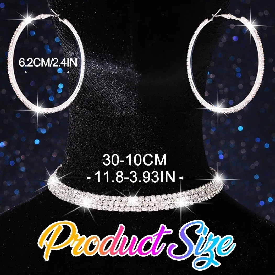 Nicute Rhinestone Necklace Jewelry Set Silver Necklace and Hoop Earrings Crystal Wedding Choker Jewelry for Women