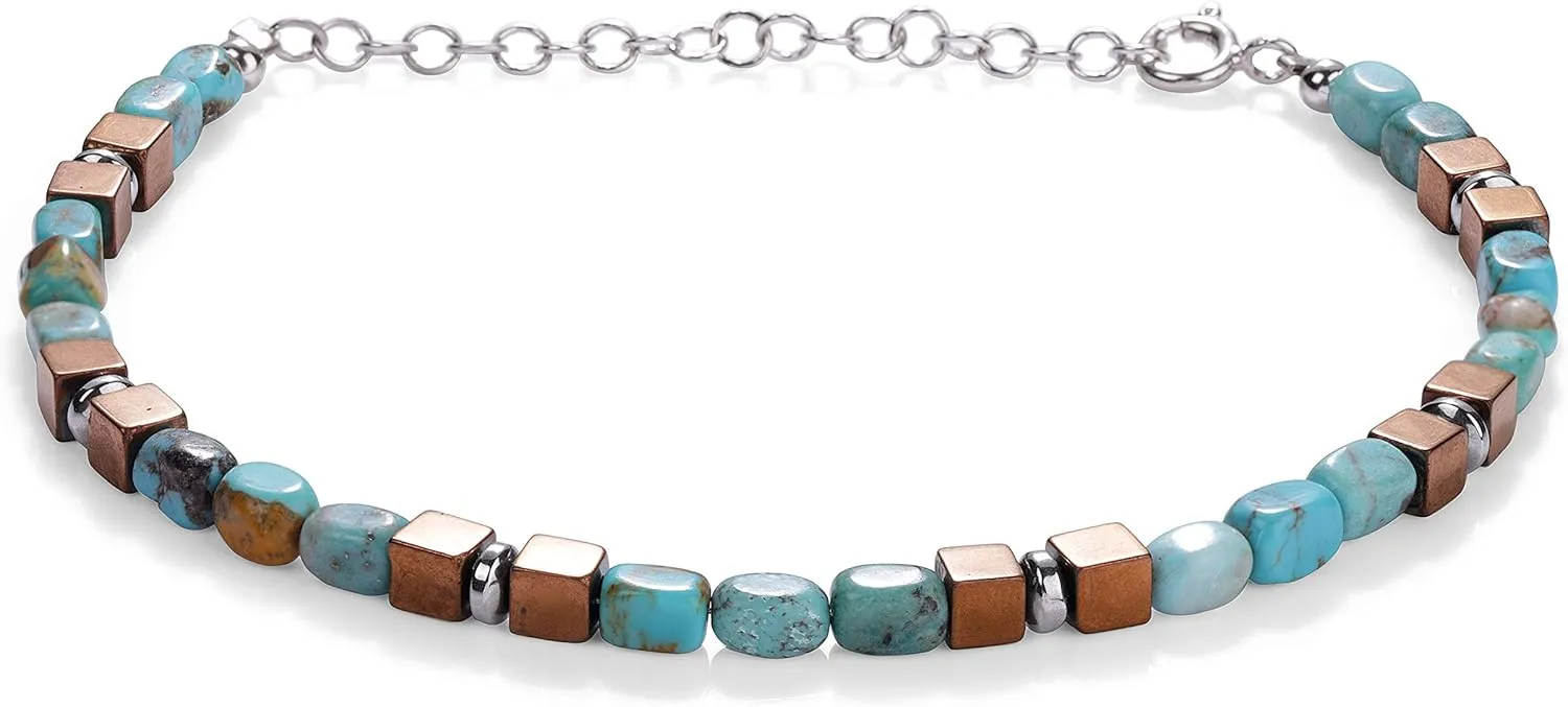 NirvanaIN Turquoise and Hematite Gemstone Bracelet, Sterling Silver Bracelet, Turquoise Beaded Bracelet, Handmade Jewelry, Turquoise Jewelry