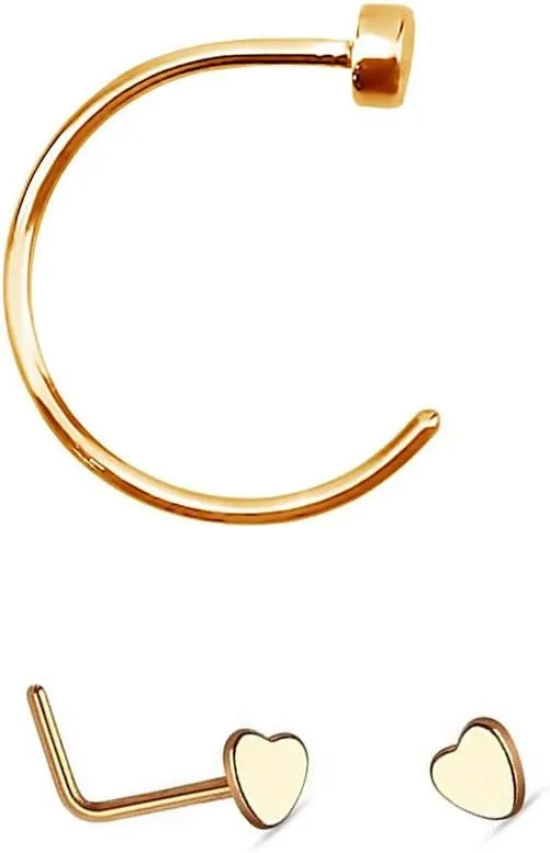Nose Hoop and Stud L-shape with Heart Package of nose ring jewelry 18g