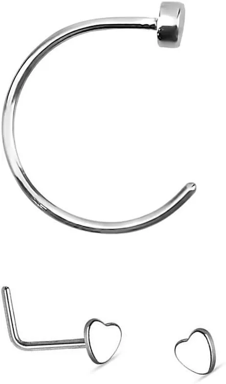 Nose Hoop and Stud L-shape with Heart Package of nose ring jewelry 18g