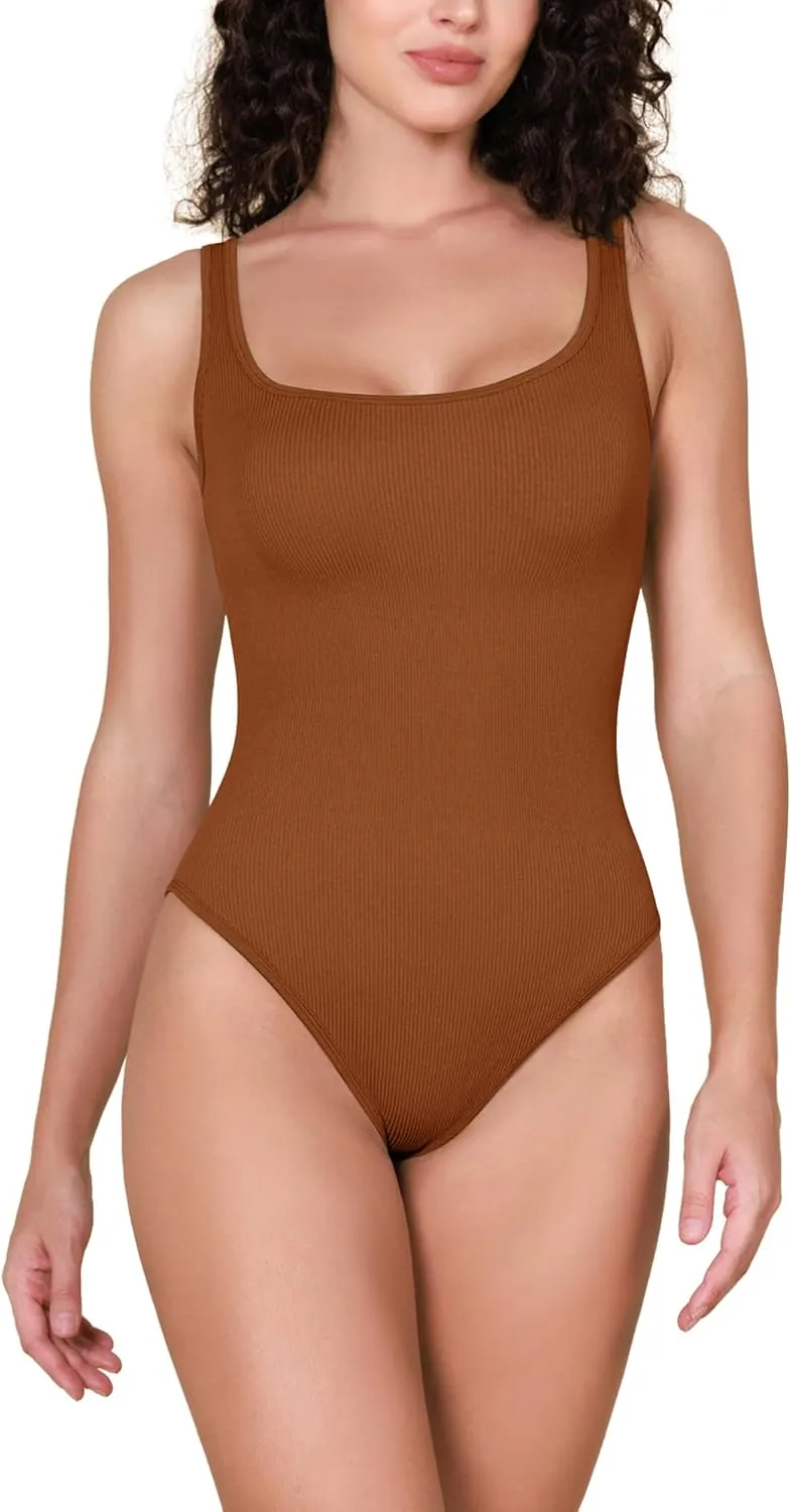 ODODOS Seamless Bodysuit for Women Ribbed Tank Top Sexy Sleeveless Bodysuits