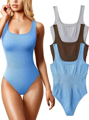 OQQ Women's 3 Piece Bodysuits Sexy Ribbed Sleeveless Square Neck Tank Tops Leotard 2025 Trendy Outfits