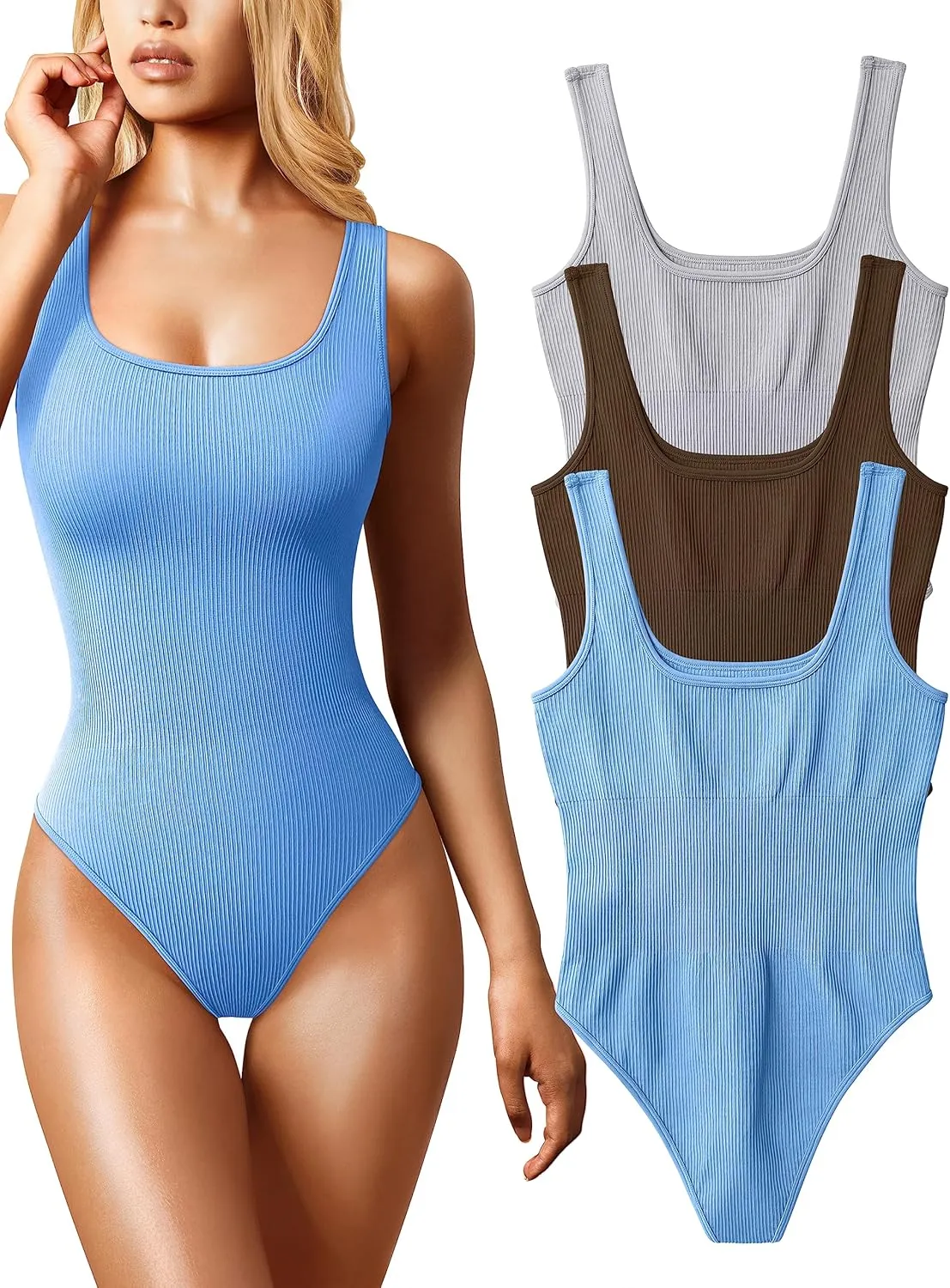 OQQ Women's 3 Piece Bodysuits Sexy Ribbed Sleeveless Square Neck Tank Tops Leotard 2025 Trendy Outfits