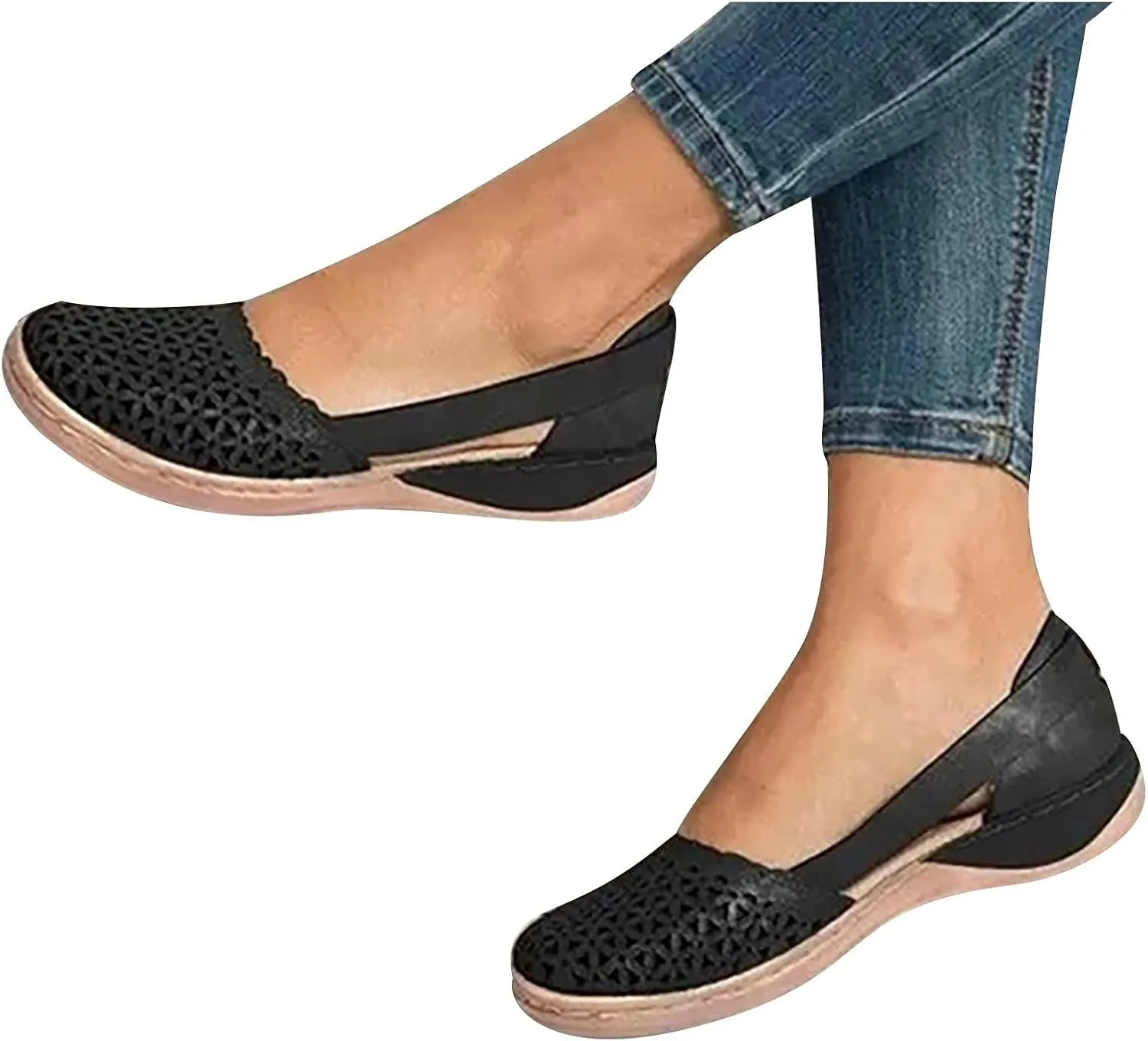 Orthopedic Sandals for Women Summer Round Closed Toe Low Heel Sandals Fashion Casual Hollow Ballet Flats Slip On Loafers Lightweight Breathable Walking Shoes Comfy Wedge Sandalias