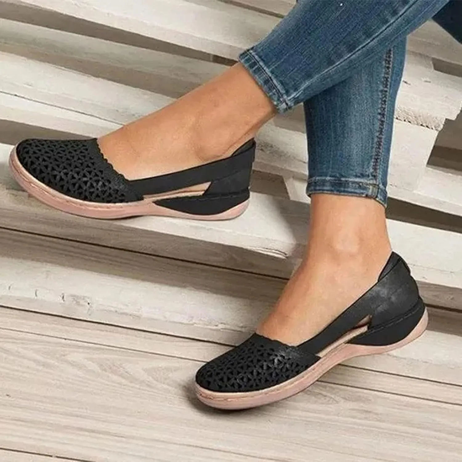 Orthopedic Sandals for Women Summer Round Closed Toe Low Heel Sandals Fashion Casual Hollow Ballet Flats Slip On Loafers Lightweight Breathable Walking Shoes Comfy Wedge Sandalias