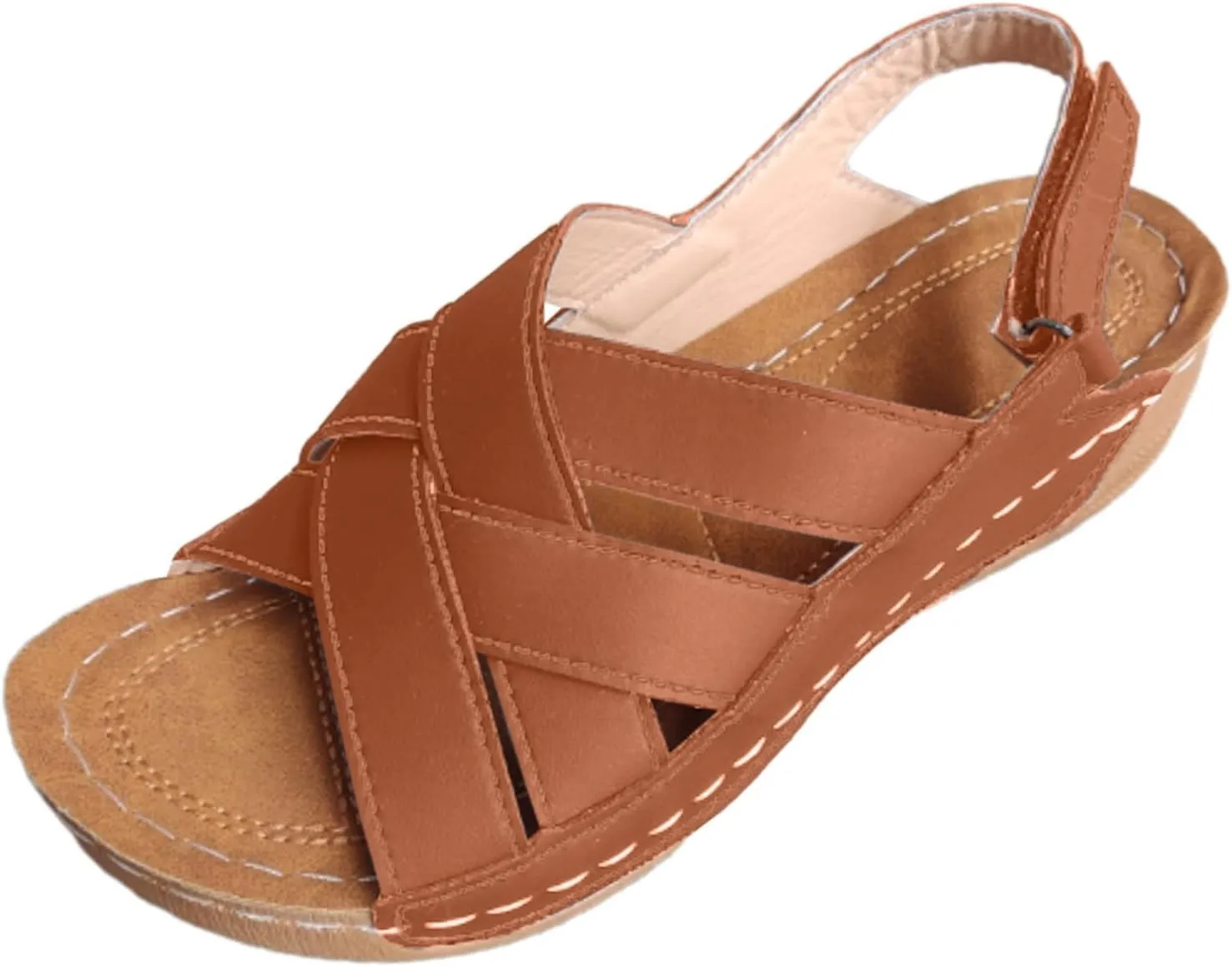 Orthopedic Sandals for Women Summer Wedge Platform Sandals Open Toe Cross Ankle Strap Flat Shoes, Casual Beach Outdoor Walking Slippers Comfortable Platform Leather Loafers