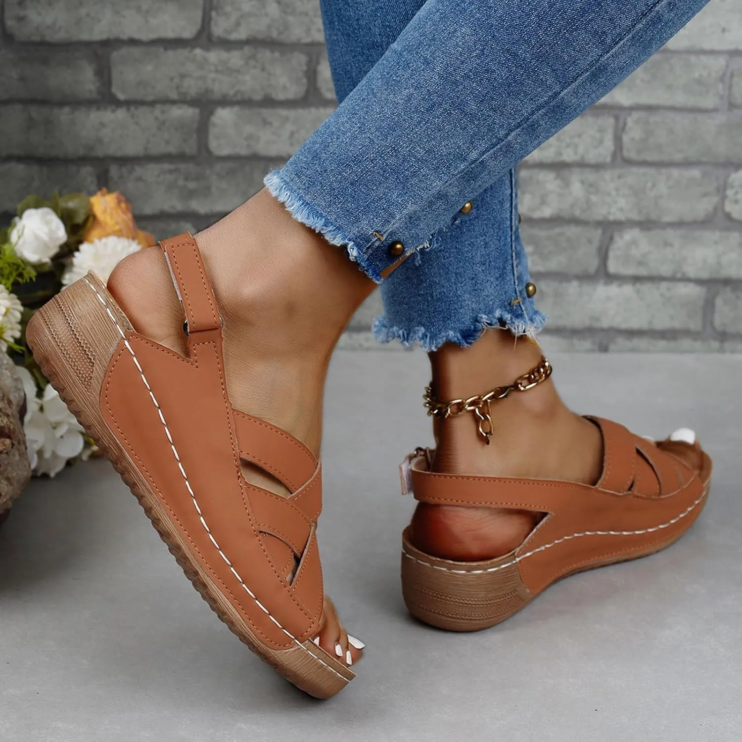 Orthopedic Sandals for Women Summer Wedge Platform Sandals Open Toe Cross Ankle Strap Flat Shoes, Casual Beach Outdoor Walking Slippers Comfortable Platform Leather Loafers