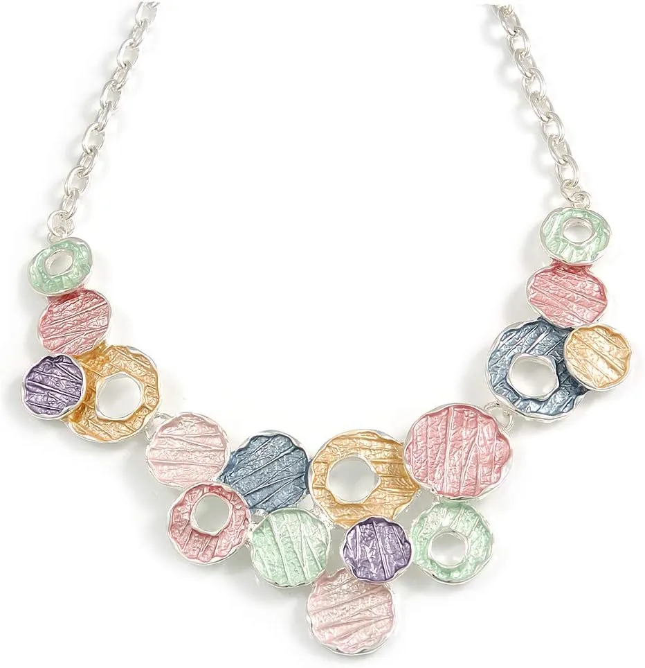Pastel Multi Matte Enamel Hammered Disc Cluster Necklace In Silver Tone - 40cm L/ 6cm Ext
