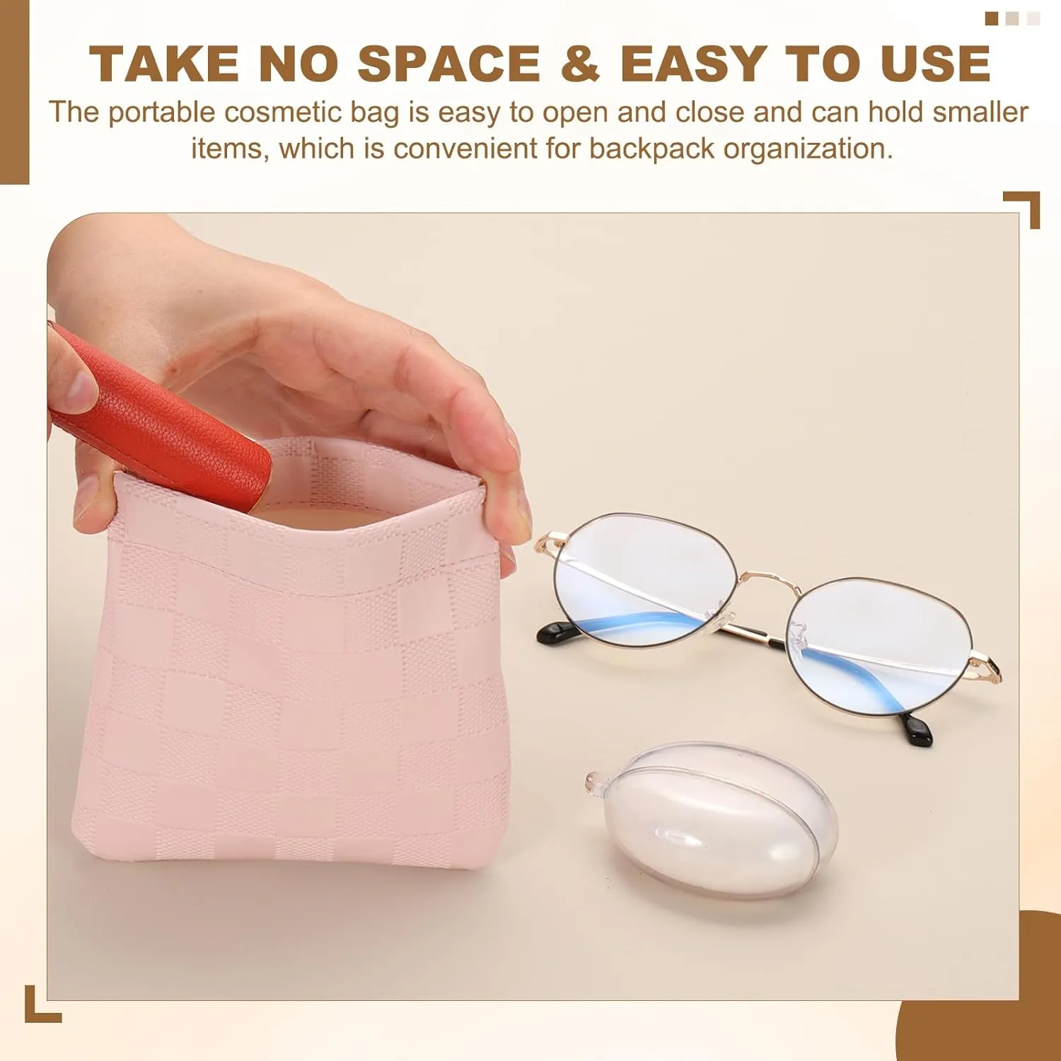PATIKIL Small Snap Closure Pouches for Purse, 2 Sizes Mini Waterproof Leather Checkered Makeup Bag Portable No Zipper Self-Closing Travel Pocket Organizer Pouch Cosmetic Bag, White
