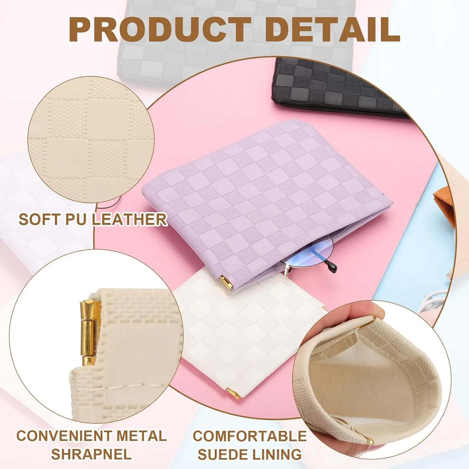 PATIKIL Small Snap Closure Pouches for Purse, 2 Sizes Mini Waterproof Leather Checkered Makeup Bag Portable No Zipper Self-Closing Travel Pocket Organizer Pouch Cosmetic Bag, White