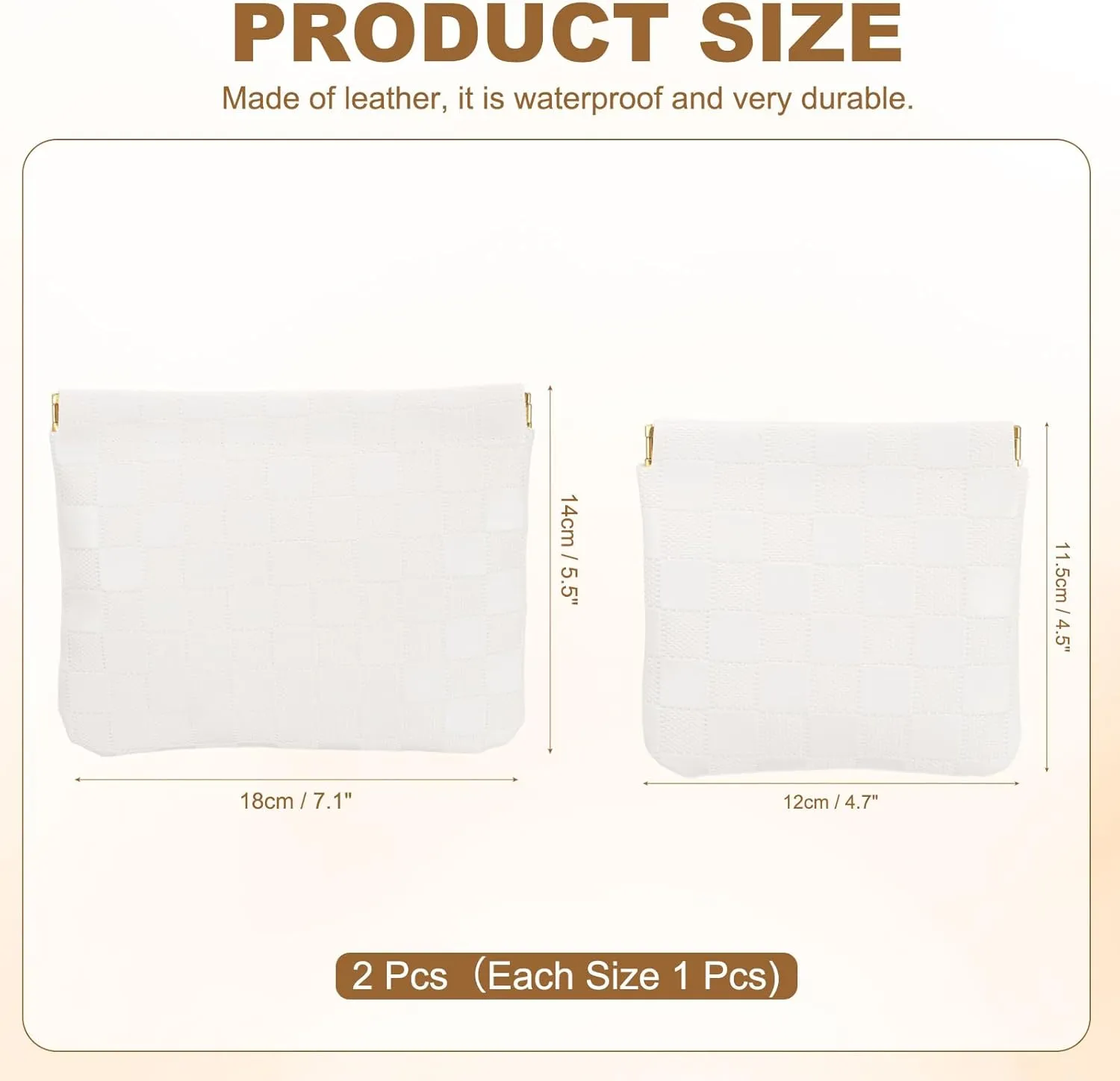PATIKIL Small Snap Closure Pouches for Purse, 2 Sizes Mini Waterproof Leather Checkered Makeup Bag Portable No Zipper Self-Closing Travel Pocket Organizer Pouch Cosmetic Bag, White
