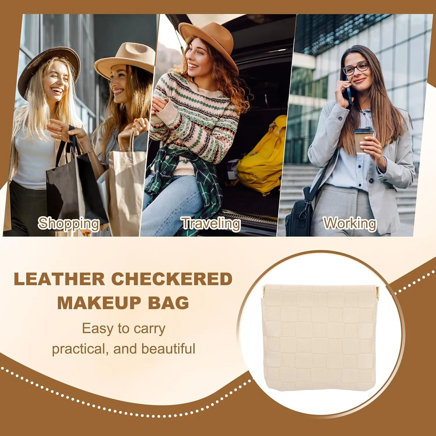PATIKIL Small Snap Closure Pouches for Purse, 5.5"x7.1" Mini Waterproof Leather Checkered Makeup Bag Portable No Zipper Self-Closing Travel Pocket Organizer Pouch Cosmetic Bag, Purple