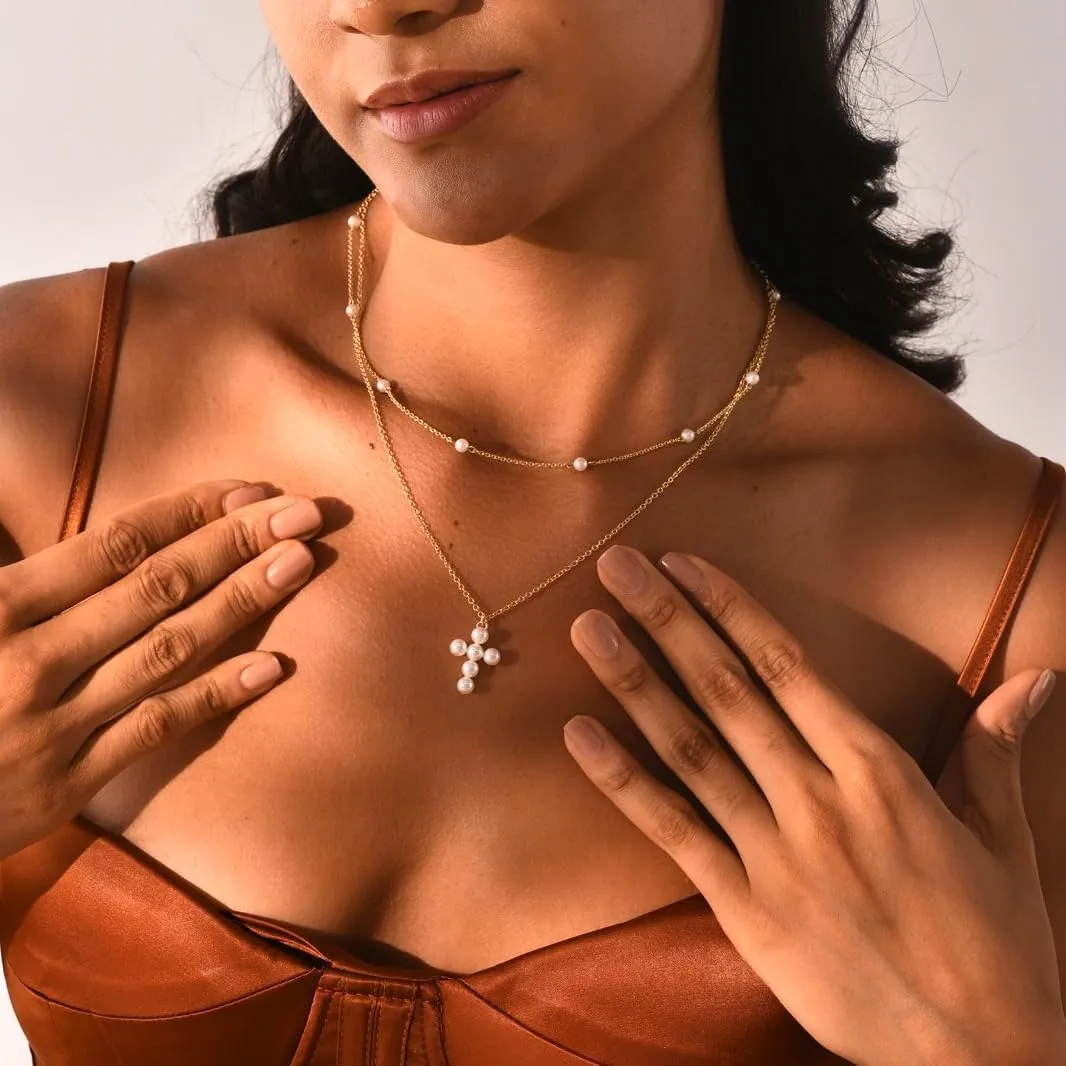 Pearl Necklace for Women Trendy,14k Gold Plated Necklace Dainty Wedding Necklace Small Cute Choker Necklaces Beaded Lariat Drop Vintage Waterproof Jewelry for Womens mom Gold Jewelry Fashion Gifts