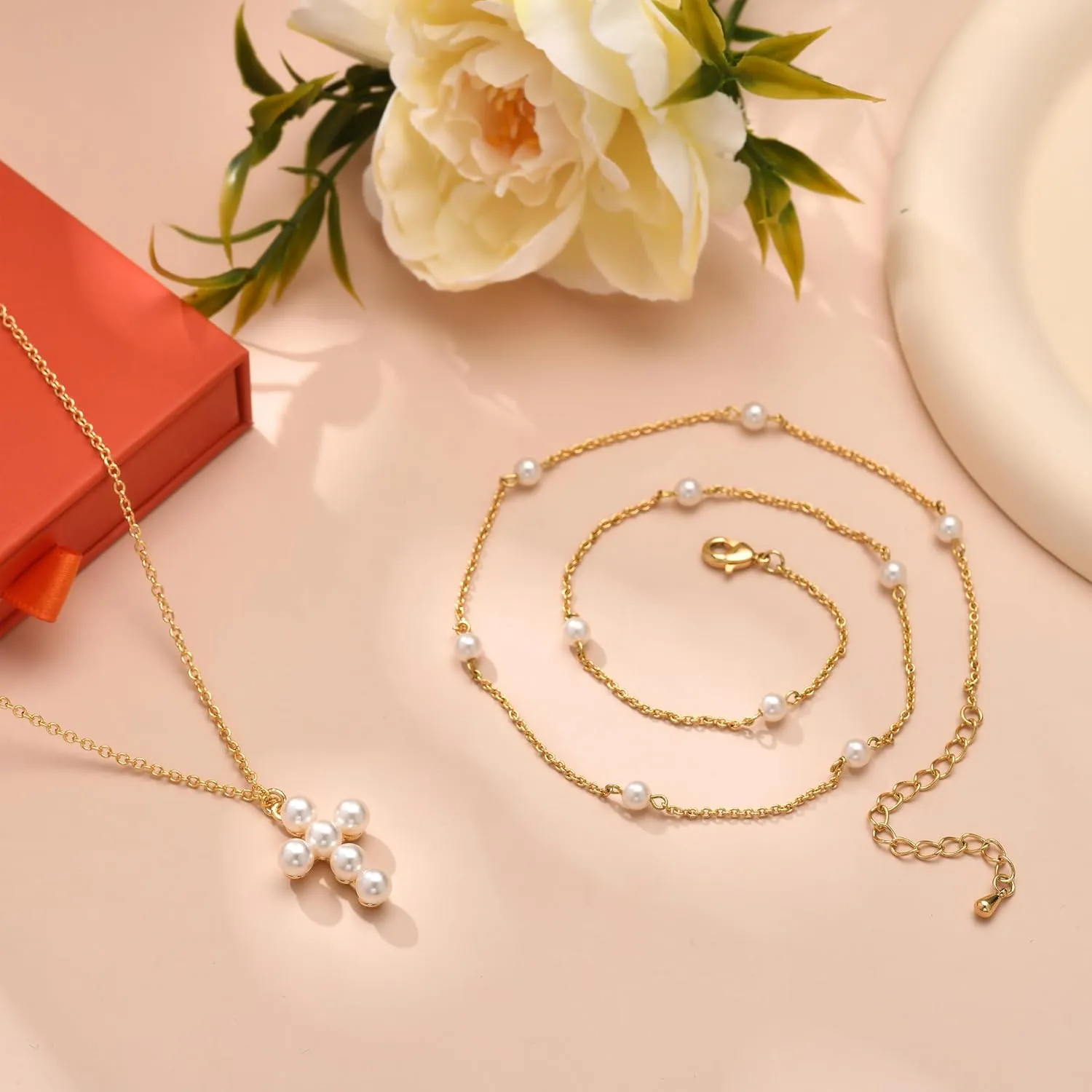Pearl Necklace for Women Trendy,14k Gold Plated Necklace Dainty Wedding Necklace Small Cute Choker Necklaces Beaded Lariat Drop Vintage Waterproof Jewelry for Womens mom Gold Jewelry Fashion Gifts