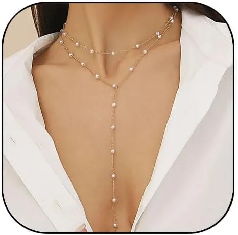 Pearl Necklaces for Women Dainty Long Pearl Y Necklace Bridal Pearl Lariat Necklace Pearl Choker Necklace Pearl Back Necklace for Backless Dress