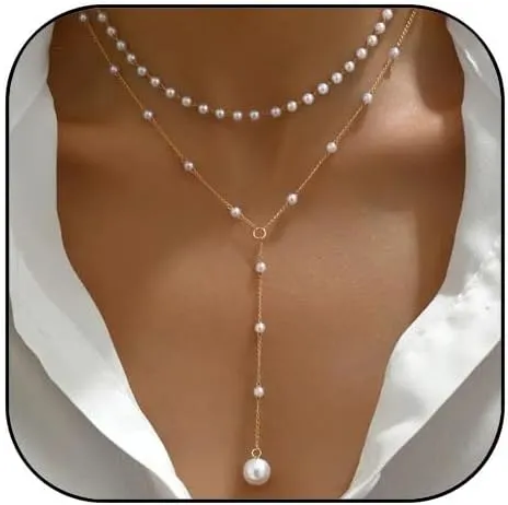 Pearl Necklaces for Women Dainty Long Pearl Y Necklace Bridal Pearl Lariat Necklace Pearl Choker Necklace Pearl Back Necklace for Backless Dress