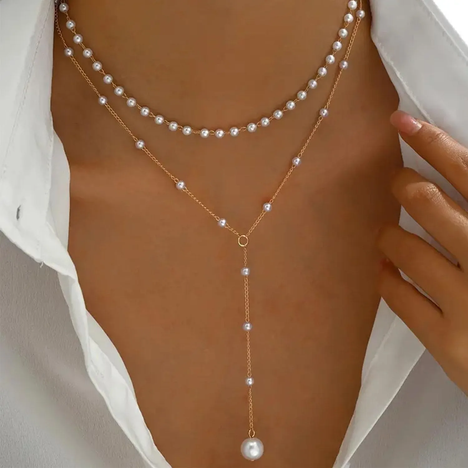 Pearl Necklaces for Women Dainty Long Pearl Y Necklace Bridal Pearl Lariat Necklace Pearl Choker Necklace Pearl Back Necklace for Backless Dress