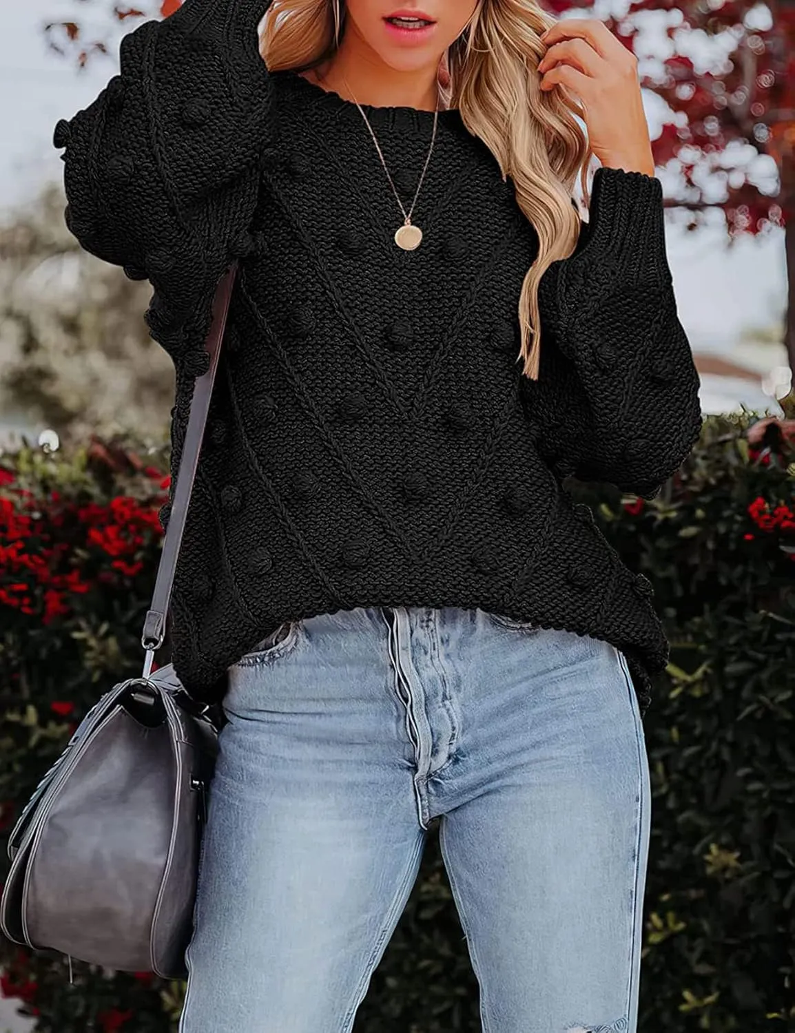 Perbai Womens Crewneck Lantern Long Sleeve Chunky Cable Knit Pom Pom Pullover Sweaters