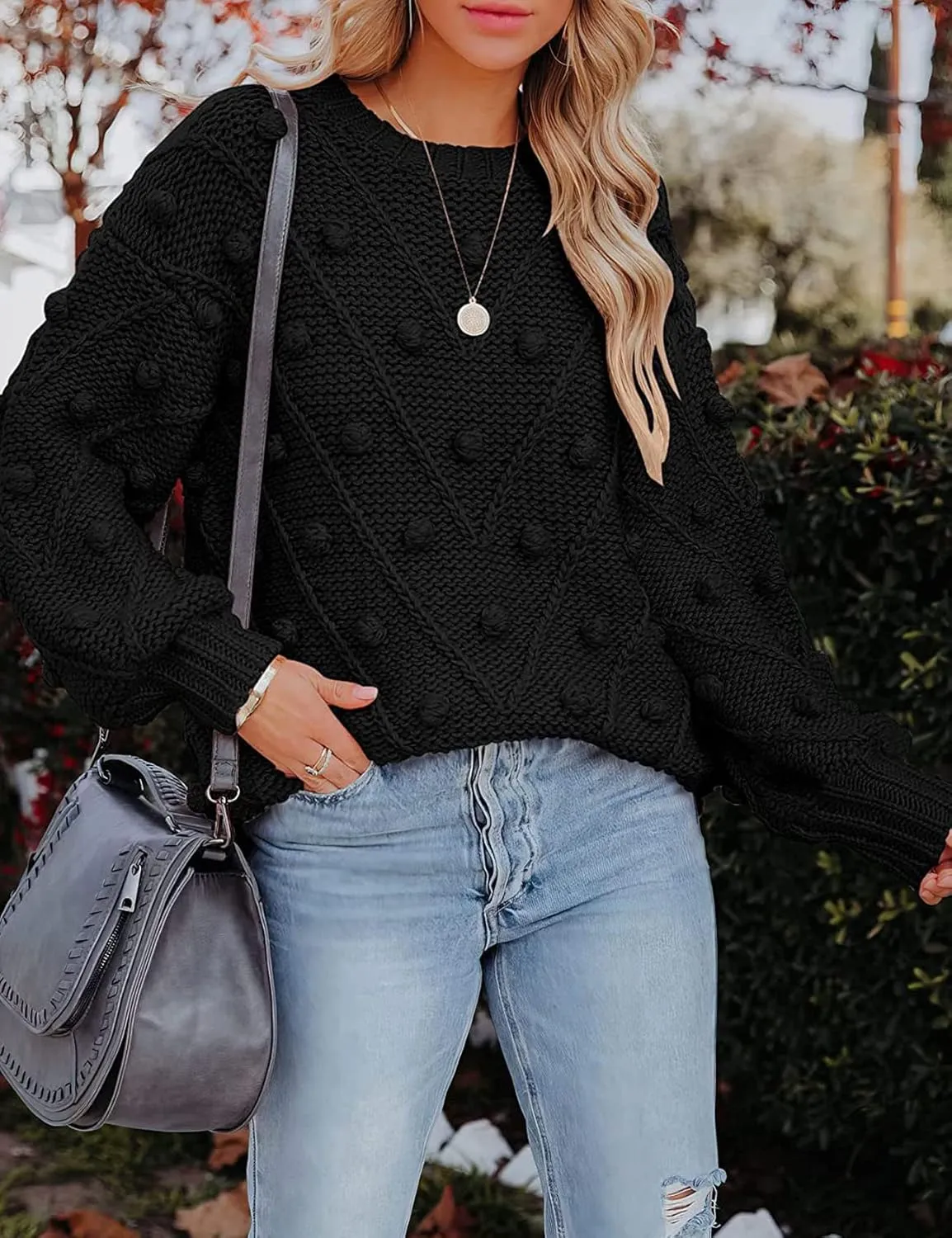 Perbai Womens Crewneck Lantern Long Sleeve Chunky Cable Knit Pom Pom Pullover Sweaters