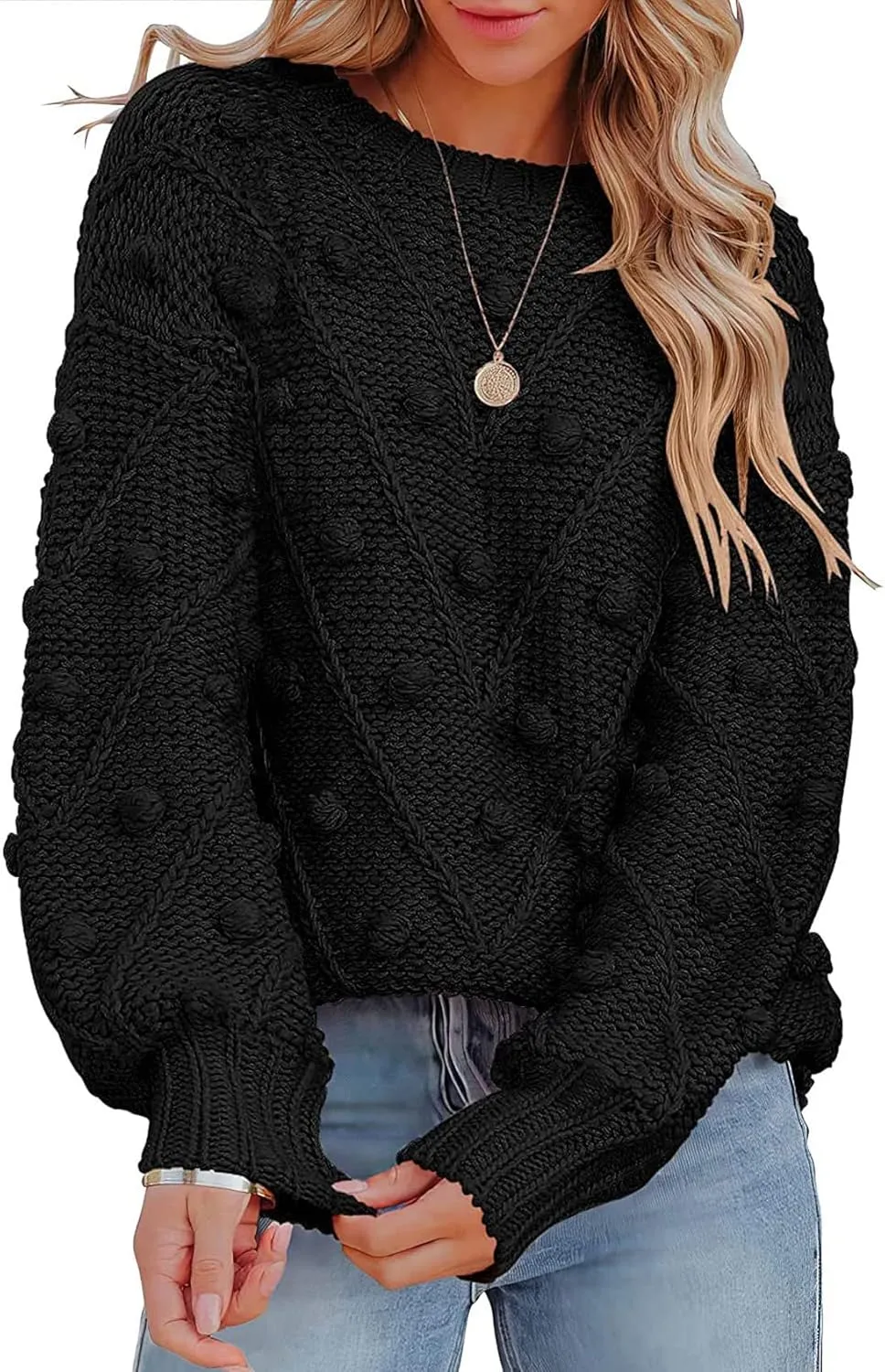 Perbai Womens Crewneck Lantern Long Sleeve Chunky Cable Knit Pom Pom Pullover Sweaters