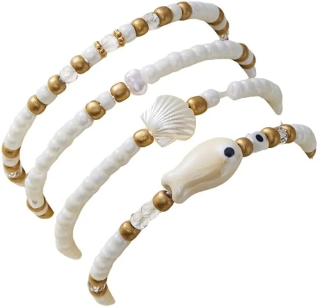 Pingyongchang Boho Ceramic Fish Beaded Bracelets Set Shell Summer Beach Bracelets Handmade Seashell Stretch Stackable Bracelets Jewelry Accessories Gifts for Women