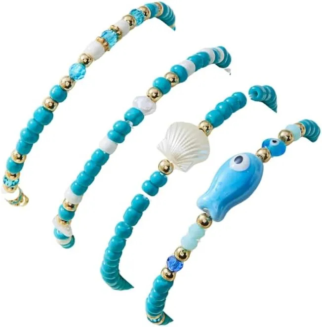 Pingyongchang Boho Ceramic Fish Beaded Bracelets Set Shell Summer Beach Bracelets Handmade Seashell Stretch Stackable Bracelets Jewelry Accessories Gifts for Women