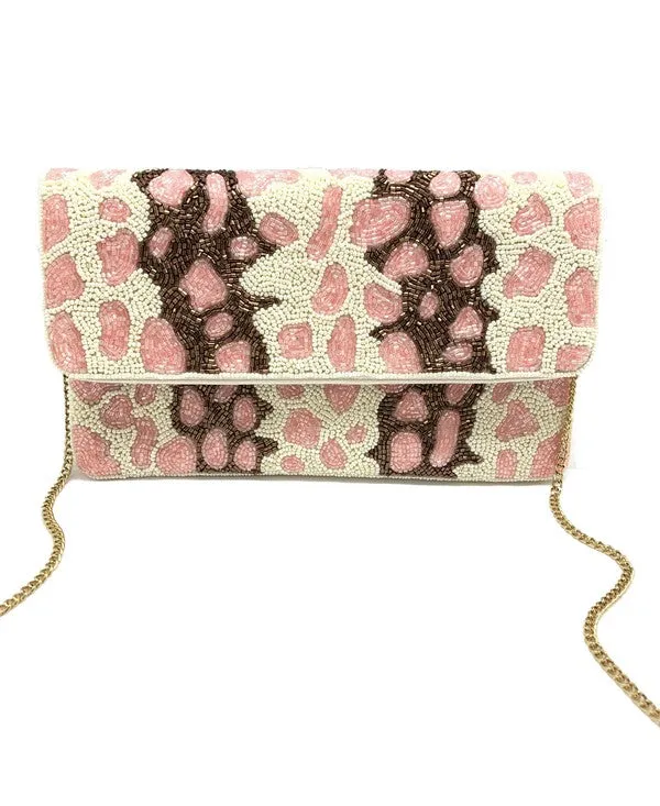 Pink Cream Leopard Beaded Clutch
