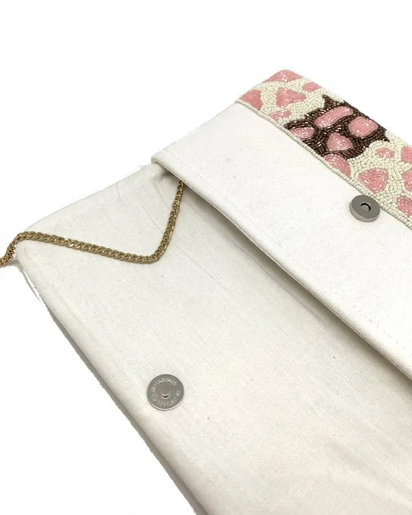 Pink Cream Leopard Beaded Clutch