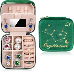 Plush Velvet Travel Jewelry Boxes Organizer | Portable Jewelry Case for Women | Earring Organizer with Mirror (Sagittarius)