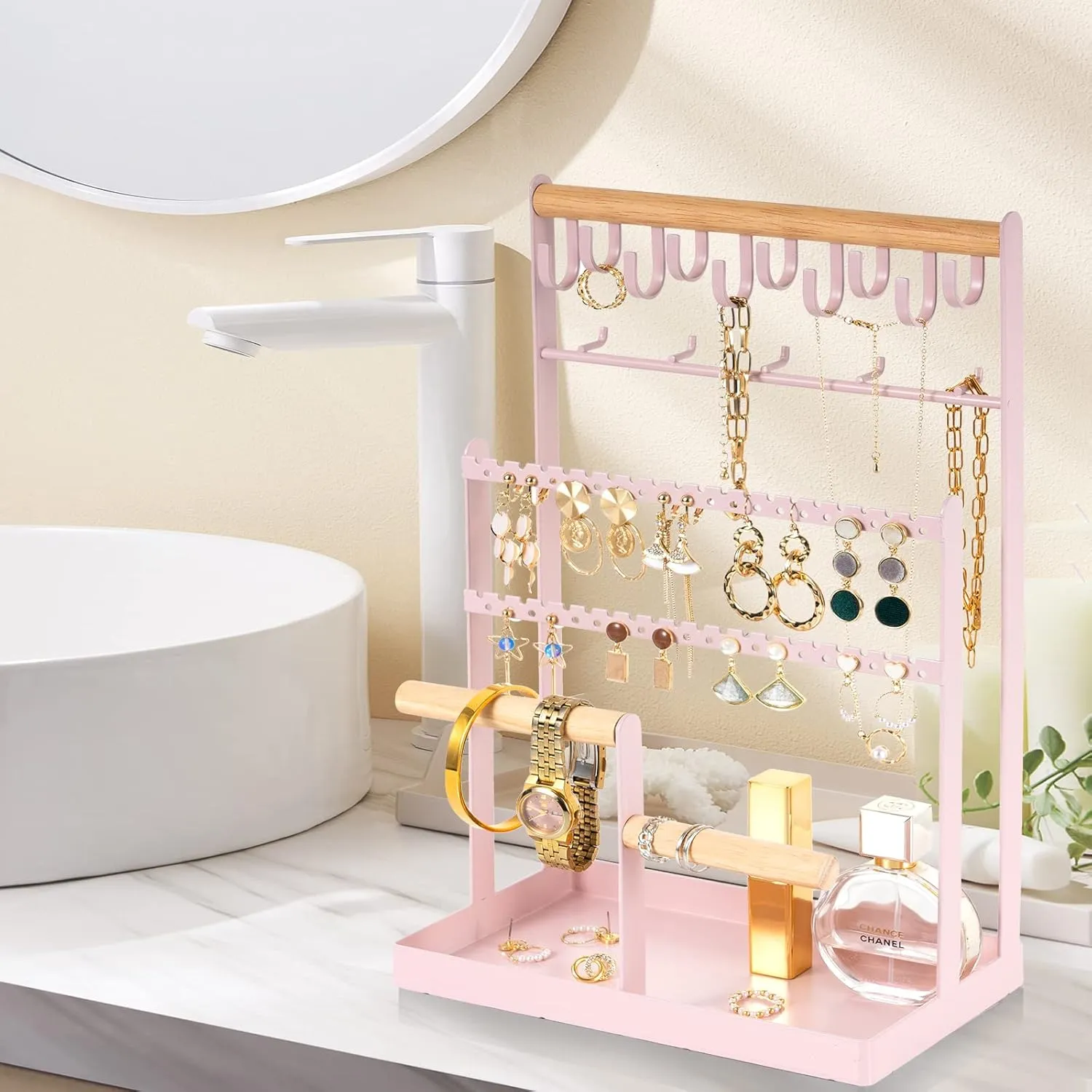 ProCase Jewelry Organizer Stand Necklace Organizer Earring Holder, 6 Tier Jewelry Stand Necklace Holder with 15 Hooks, Jewelry Tower Display Rack Storage Tree for Bracelets Earrings Rings -Pink